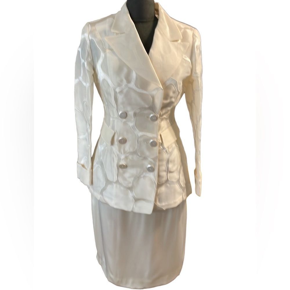 Tomaso Stefanelli Cream 100% Silk 3PC Skirt Suit Blouse Jacket Italy Sz 44 Mediu